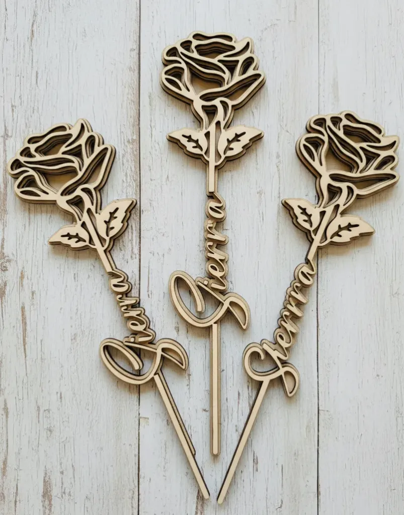 Personalized Wooden Rose with Custom Name (TruFlat Maple, Small: 5.5 x 2.5 in)