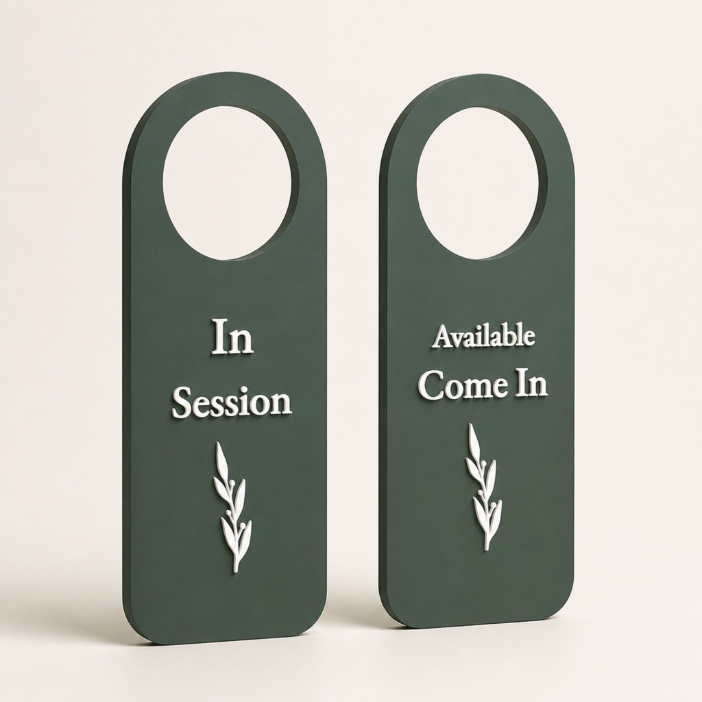 [DHR-R-SAGE] Personalized Reversible Door Hanger, Double Sided In Session Sign, Matte Acrylic, 8 Colors (3D Raised, Dark Sage Green)