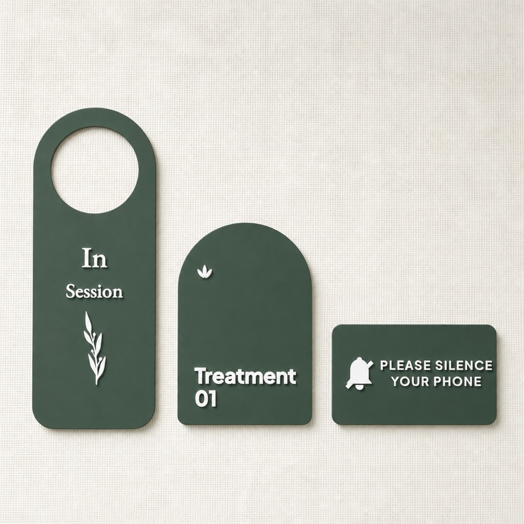 [TRK-1-SAGE] Personalized Spa Room Sign Kit, Matte Acrylic Door Hanger, Wall Plaque & Reminder, 8 Colors (Single-sided, Dark Sage Green)
