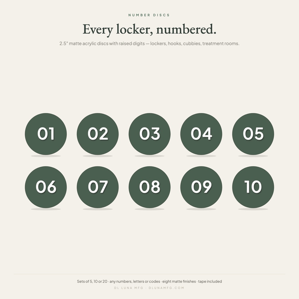 [NMD-5-SAGE] Personalized Locker Number Discs, Matte Acrylic 2.5 in, Raised Digits, Sets of 5 to 20 (Set of 5, Dark Sage Green)
