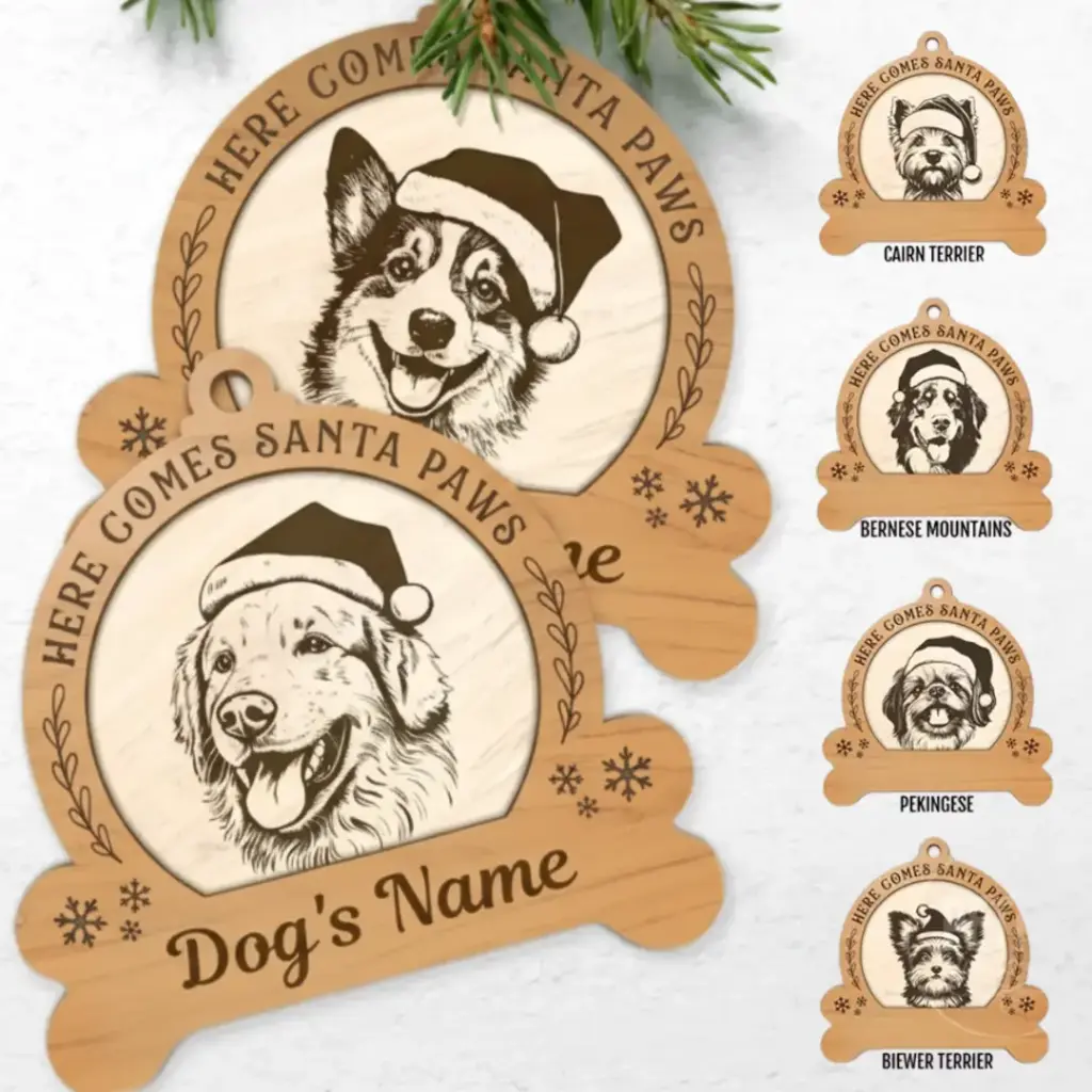 Custom Two Layers Dog Breeds Ornament Wearing Santa Hat Laser File. Name can be personalized (TruFlat Maple, Airedale Terrier, 2 x 2 inches)